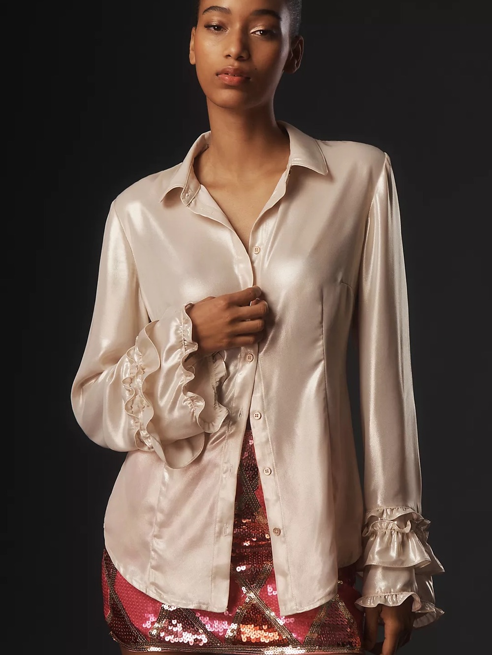 NWT Maeve Satin Button-Down Blouse in Champagne